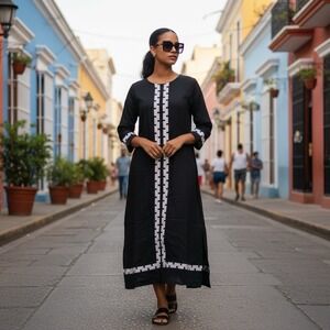 Tuckernuck x Atlantic-Pacific The Hartman Embroidered Navy Linen MIDI Dress Sz S